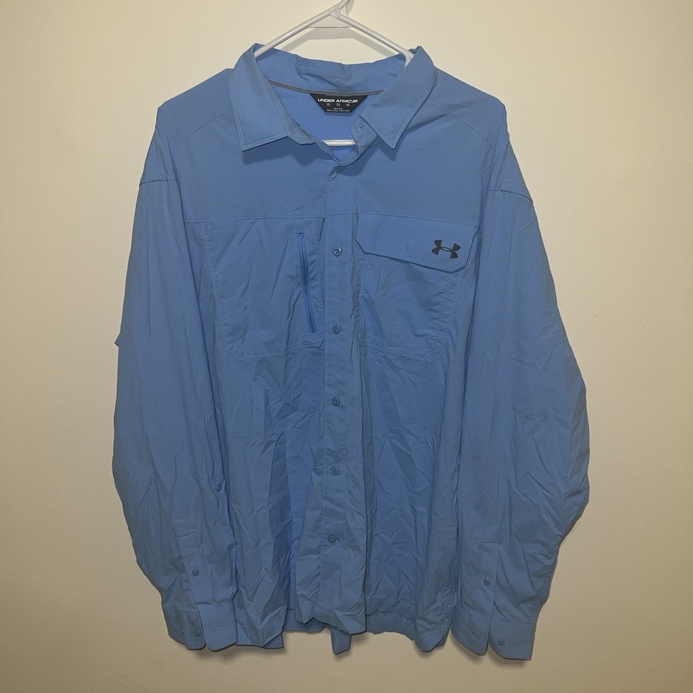 Under Armour Shirt Mens XXL Blue Button Up Vented Fishing Long Sleeve UPF